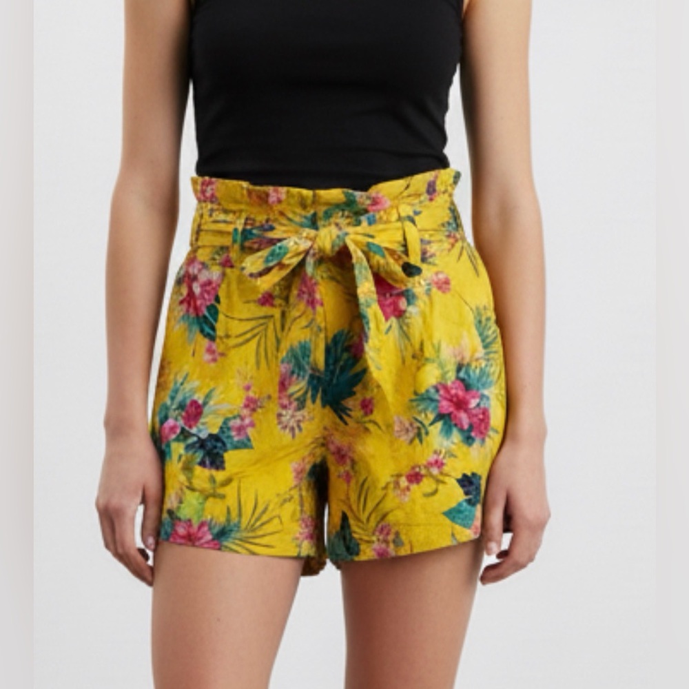 Forever 21 Yellow Floral Paperbag Waist Shorts